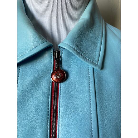 Y2K St. John Sport By Marie Gray Blue Leather Jacket w/ Red Trim Accents/Lining - Picture 2 of 16